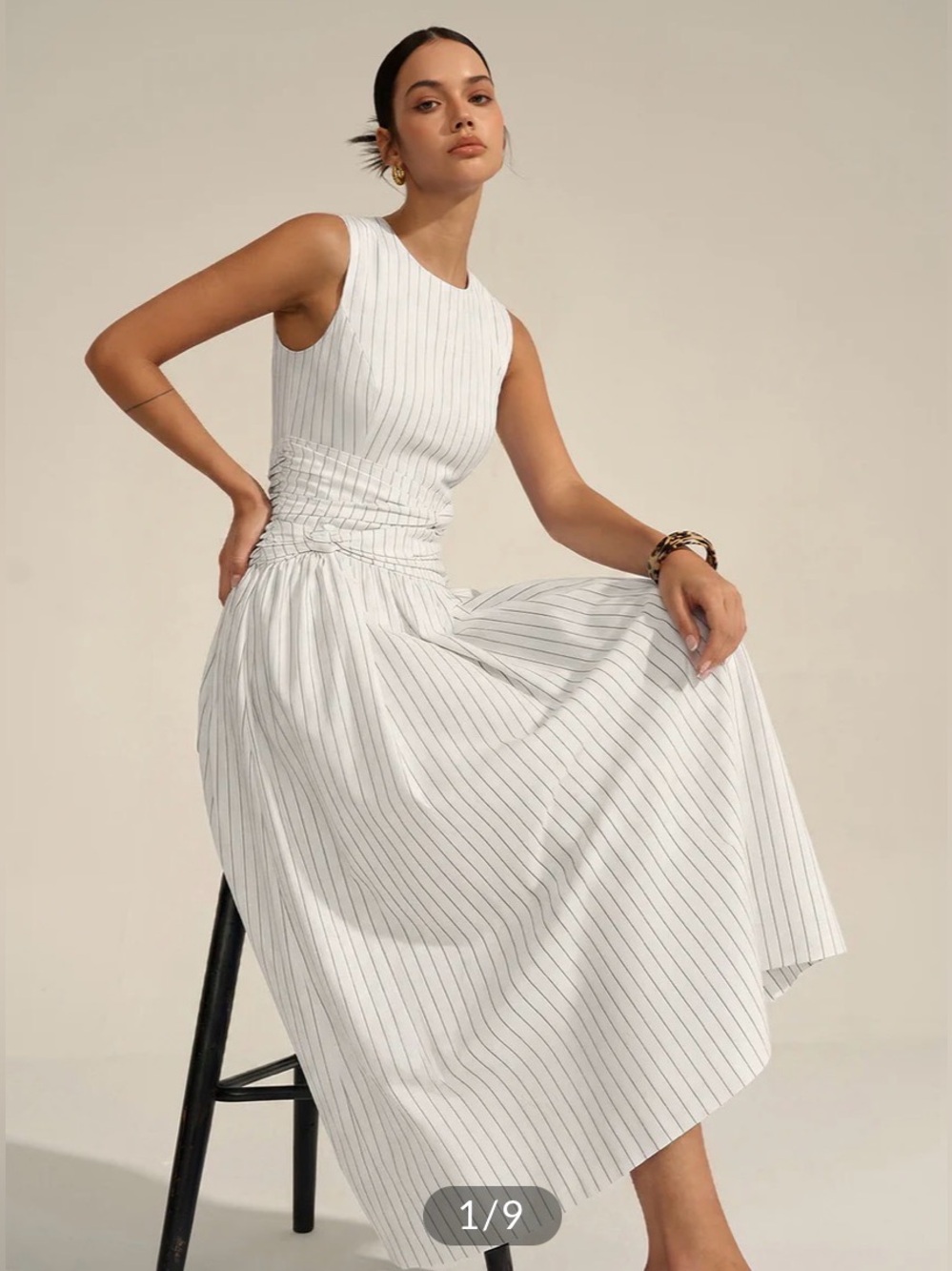 Commense Cotton Blend Striped Ruched Sleeveless Maxi Dress